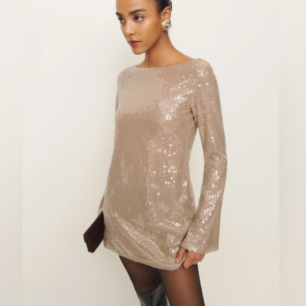 NWT Reformation Sereia Mini Dress in Champagne Sequin Long Sleeve | size S - Picture 2 of 13